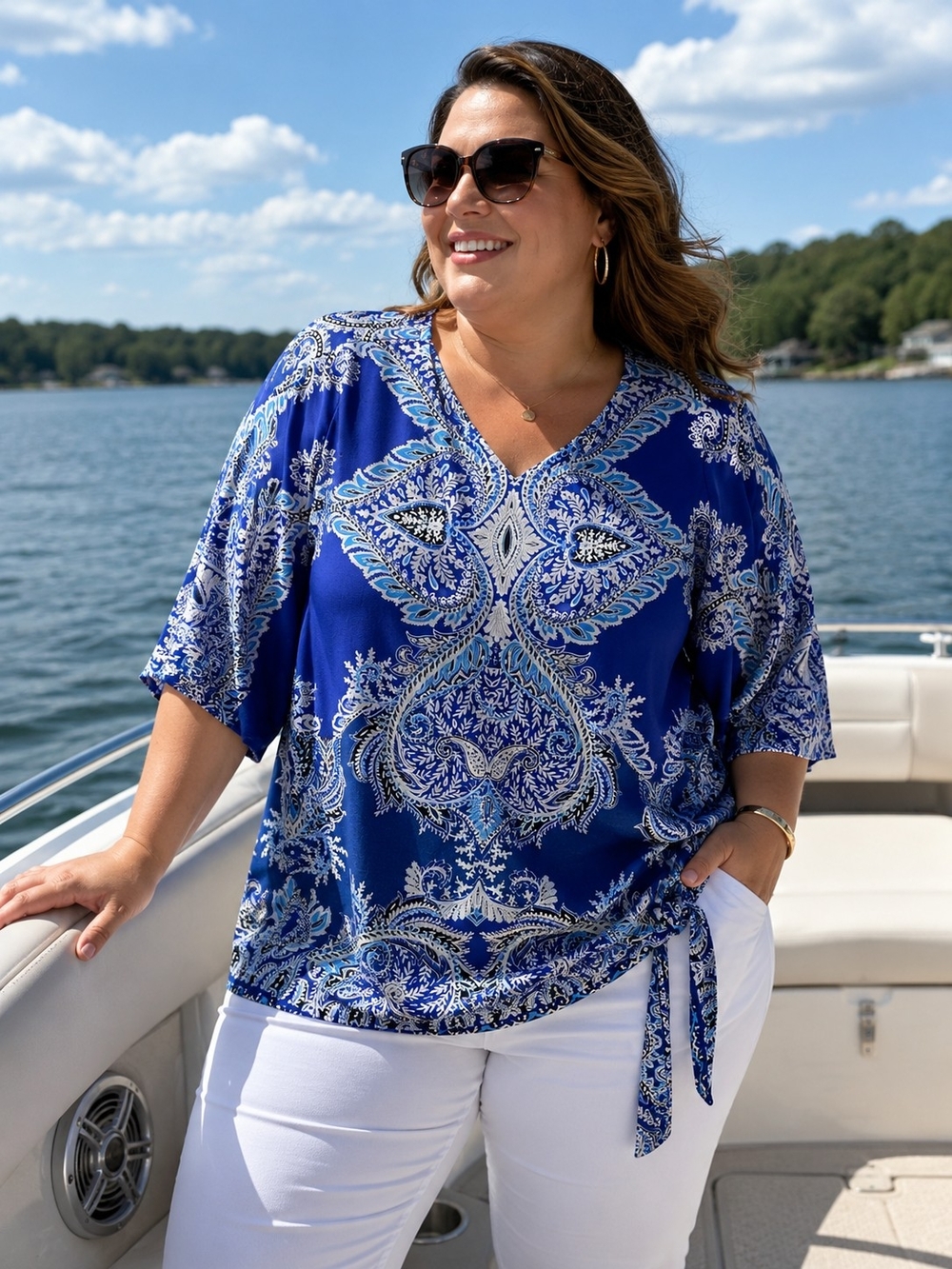 new directions Royal Blue Paisley V-Neck Tie-Hem Tunic